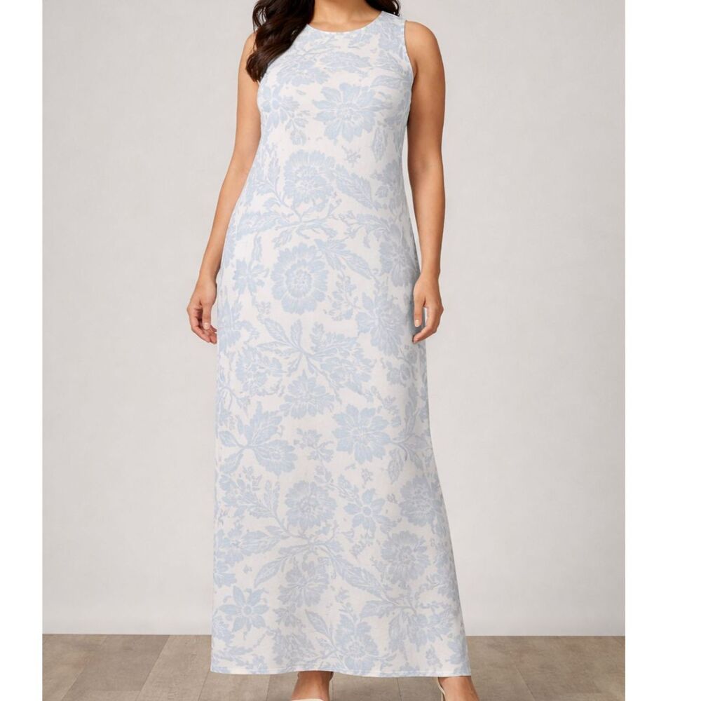 Vince Camuto Sleeveless White Maxi Dress with Light Blue Floral Motif